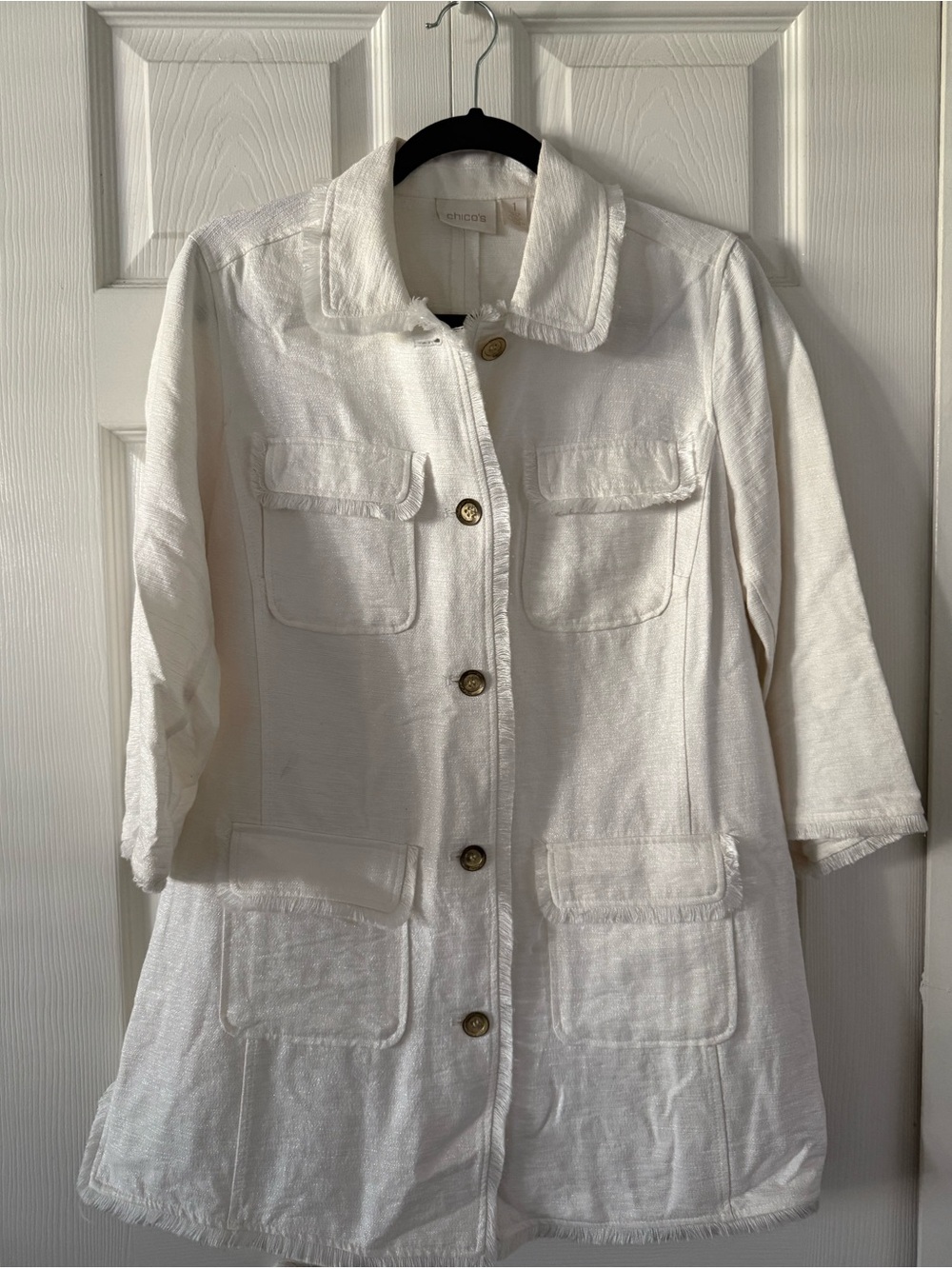 Chicos White Women's Jacket with fringe trim. Size 1